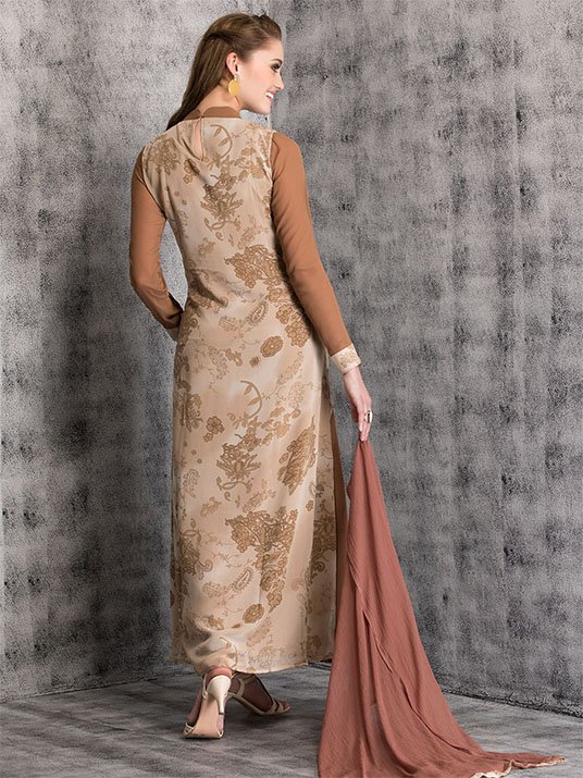 BROWN LONG DRESS WITH JACKET STYLE LAYERED BODICE READY MADE 